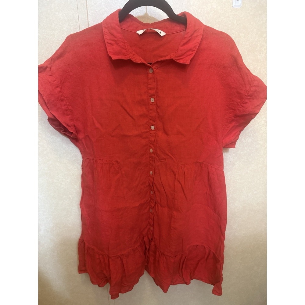Zara Women Shirt Dress Red Cotton Collared Short Sleeve Knee Length Size M